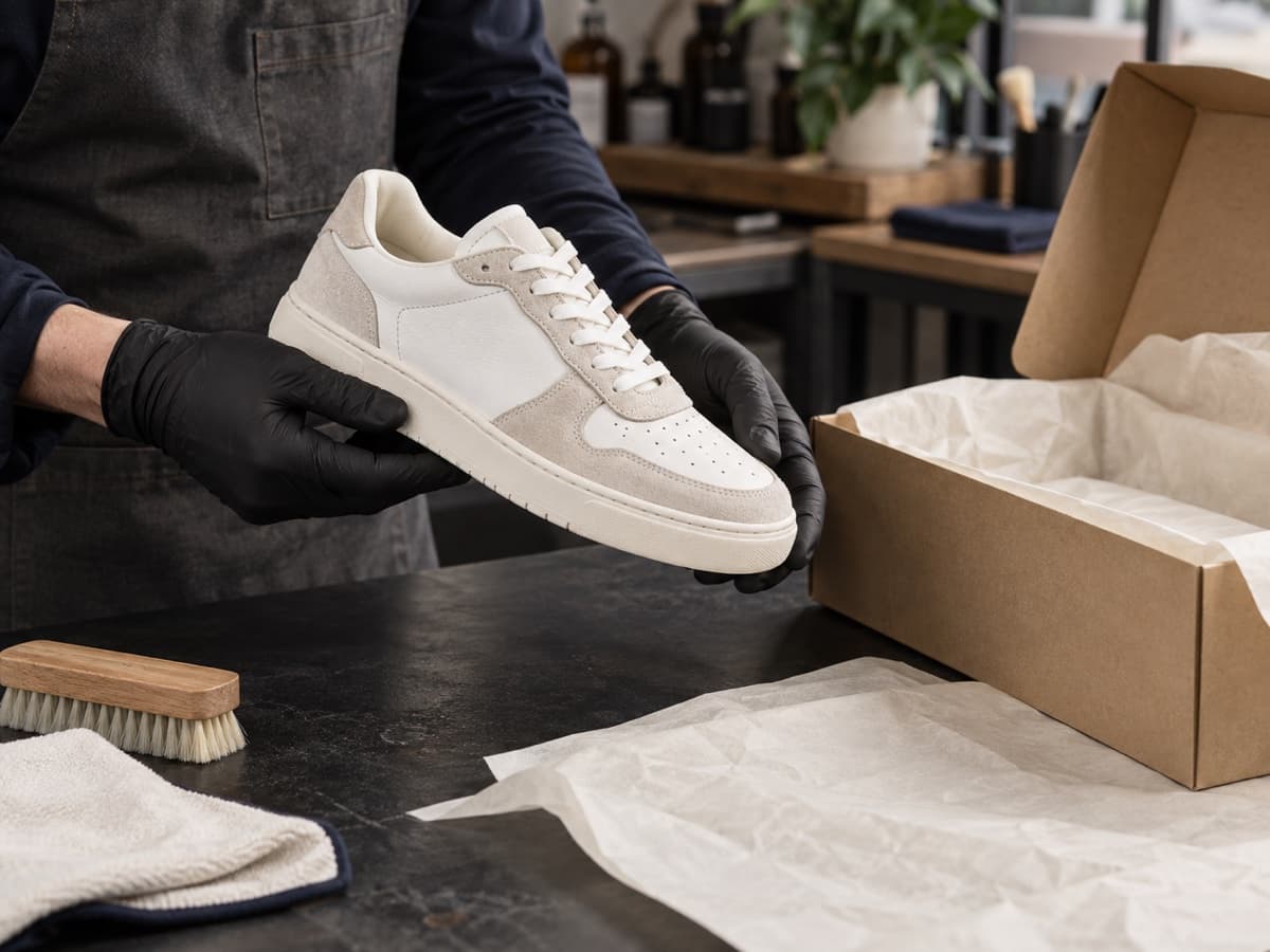 Contrôle final d’une sneaker après son nettoyage avant son retour