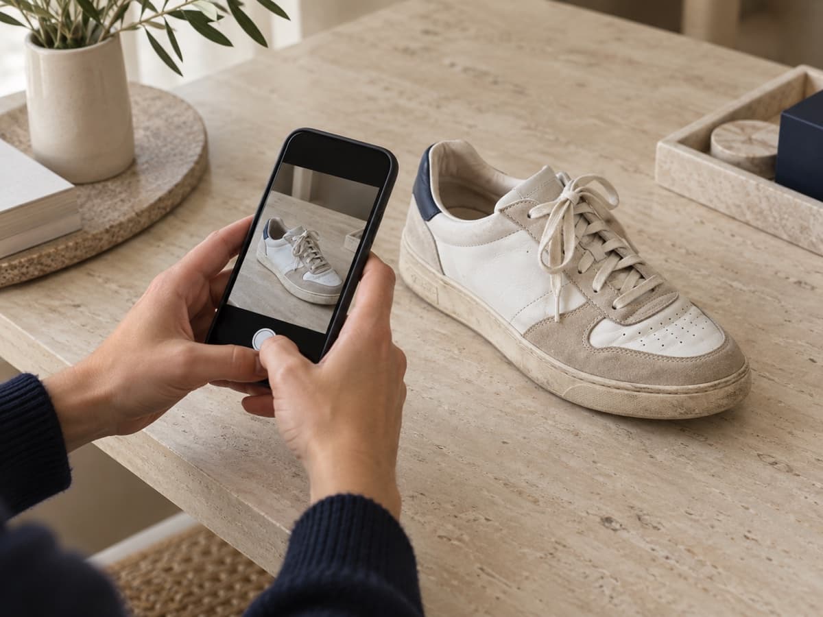 Cliente photographiant une sneaker avec son téléphone pour demander un devis