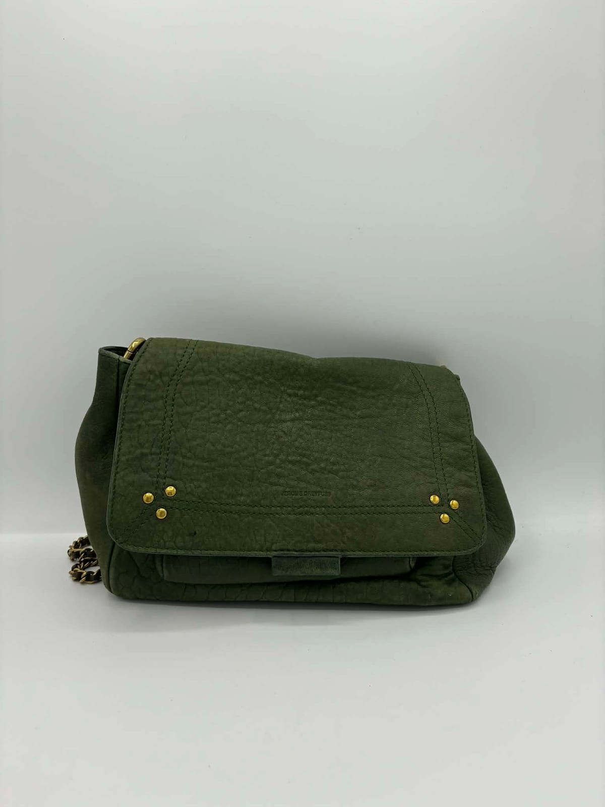 Sac Jérôme Dreyfuss en cuir vert, terni et marqué avant sa rénovation en atelier