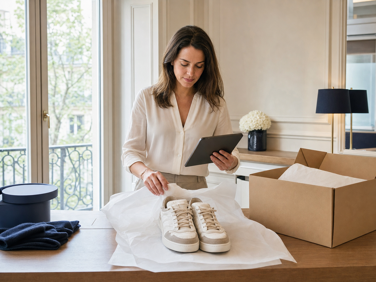 Conciergerie prenant en charge les sneakers et le sac d'une cliente