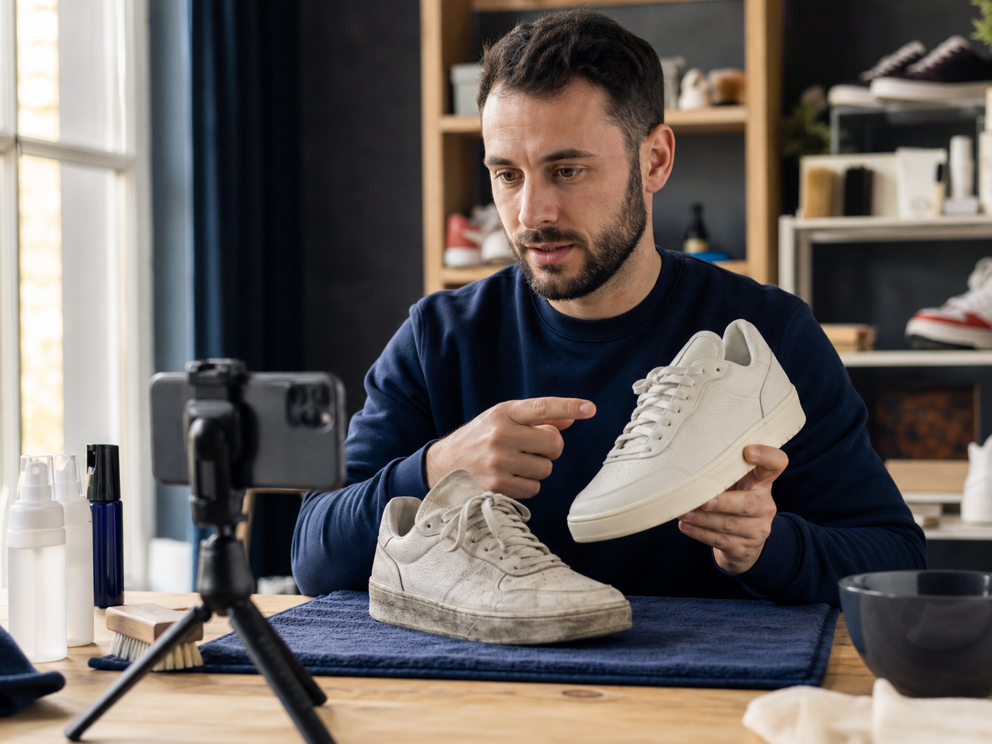 Créateur de contenu présentant une paire de sneakers rénovée à sa communauté